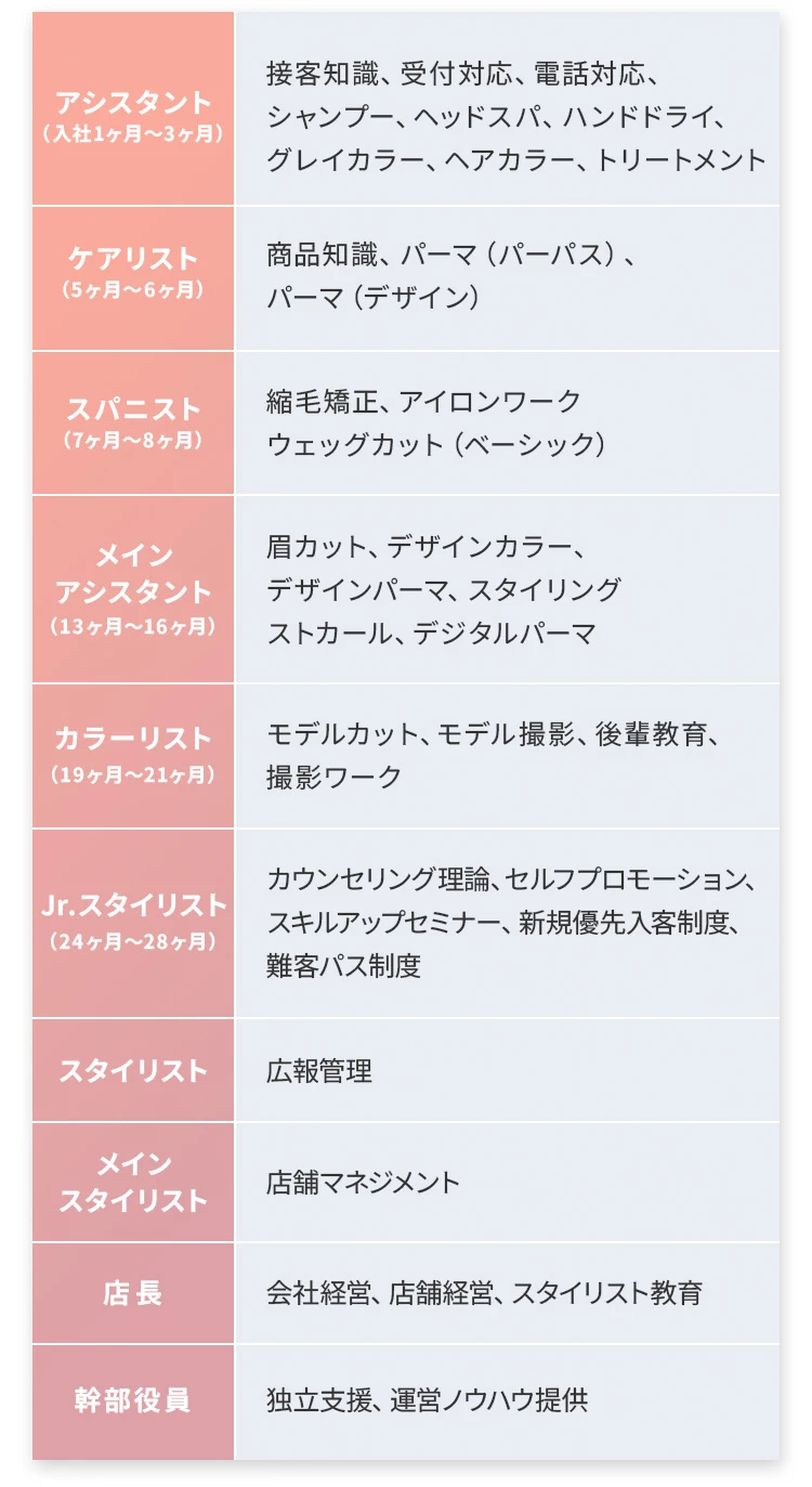 アシスタント（入社1ヶ月〜3ヶ月）接客知識、受付対応、電話対応、シャンプー、ヘッドスパ、ハンドドライ、グレイカラー、ヘアカラー、トリートメント。ケアリスト（5ヶ月〜6ヶ月）商品知識、パーマ（パーパス）、パーマ（デザイン）。スパニスト（7ヶ月〜8ヶ月）縮毛矯正、アイロンワーク、ウェッグカット（ベーシック）。メインアシスタント（13ヶ月〜16ヶ月）眉カット、デザインカラー、デザインパーマ、スタイリング、ストカール、デジタルパーマ。カラーリスト（19ヶ月〜21ヶ月）モデルカット、モデル撮影、後輩教育、撮影ワーク。Jr.スタイリスト（24ヶ月〜28ヶ月）カウンセリング理論、セルフプロモーション、スキルアップセミナー、新規優先入客制度、難客パス制度。スタイリスト 広報管理。メインスタイリスト 店舗マネジメント。店長 会社経営、店舗経営、スタイリスト教育。幹部役員 独立支援、運営ノウハウ提供。